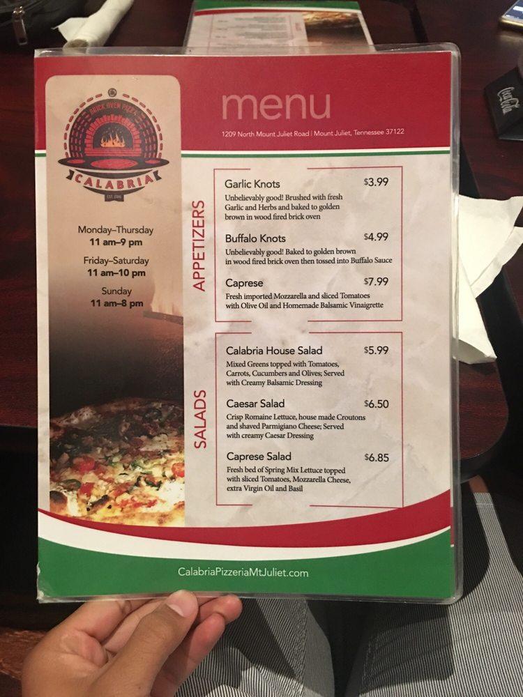 Menu at Calabria Brickoven Pizzeria Mt. Juliet, Mount Juliet