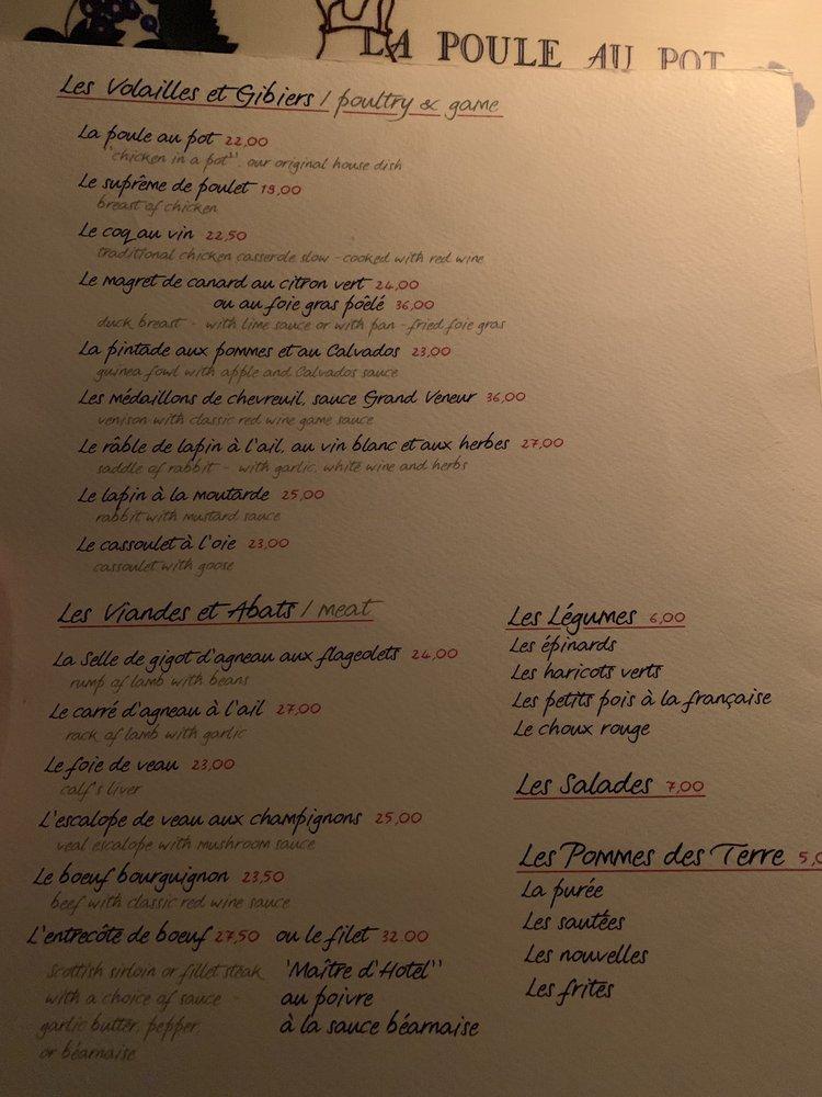 Menu at La Poule Au Pot restaurant, London