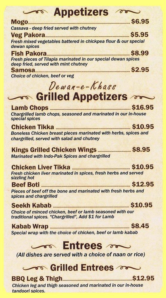 Menu at Dewan-E-Khass restaurant, Vancouver