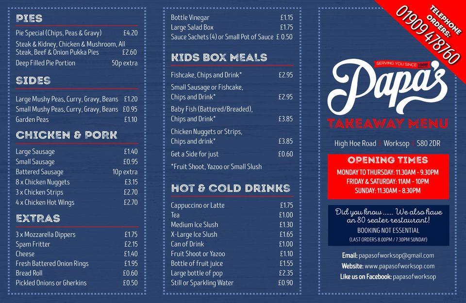 Menu at Papa's fast food, Worksop