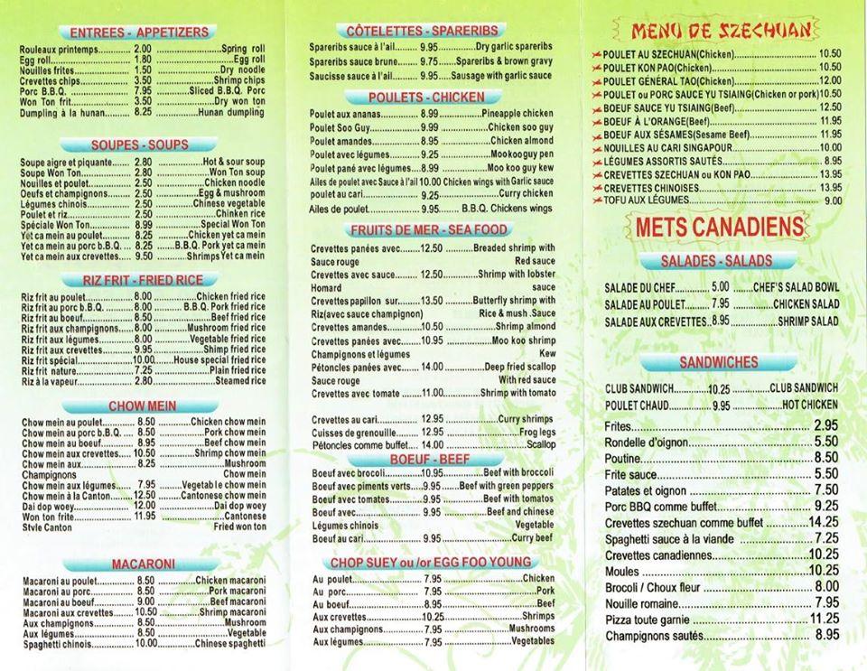 Menu au Buffet chinois Chez Song restaurant, Contrecoeur