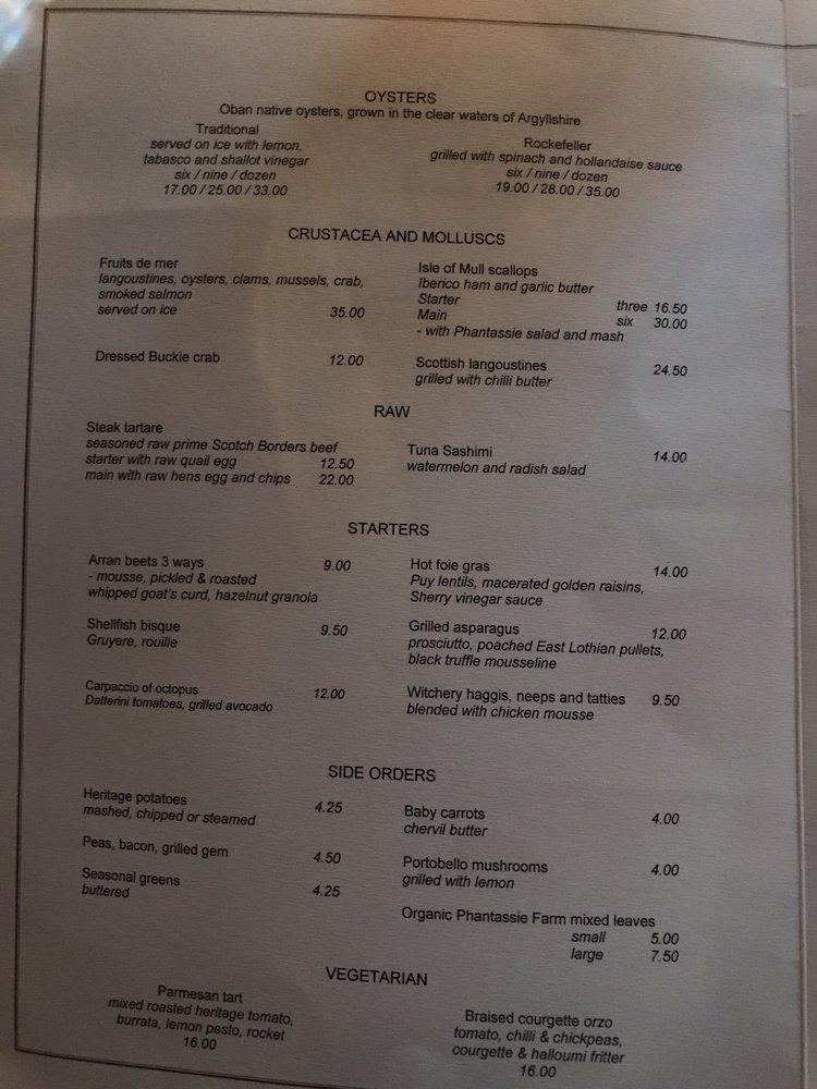 Menu at The Witchery by the Castle restaurant, Edinburgh
