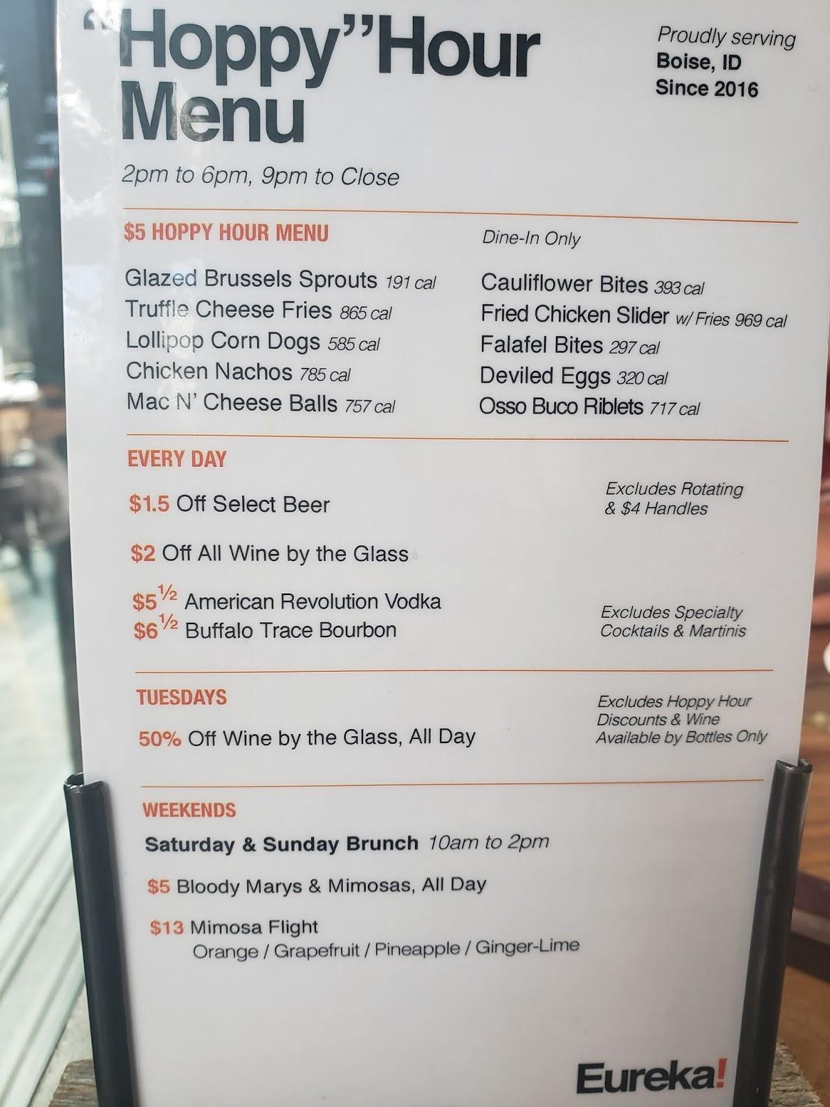 Menu at Eureka! restaurant, Boise