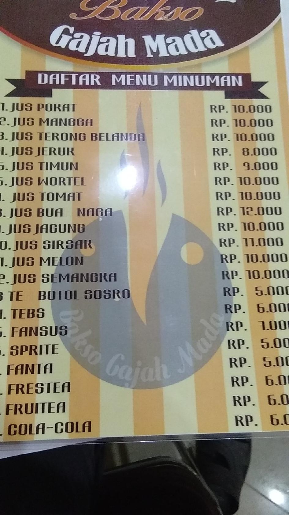 Menu At Bakso Gajah Mada Restaurant Pekanbaru