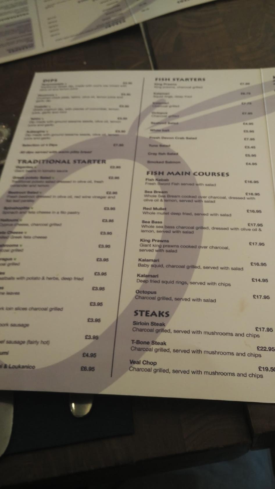 Menu at The Blue Olive restaurant, 12 Cockfosters Rd