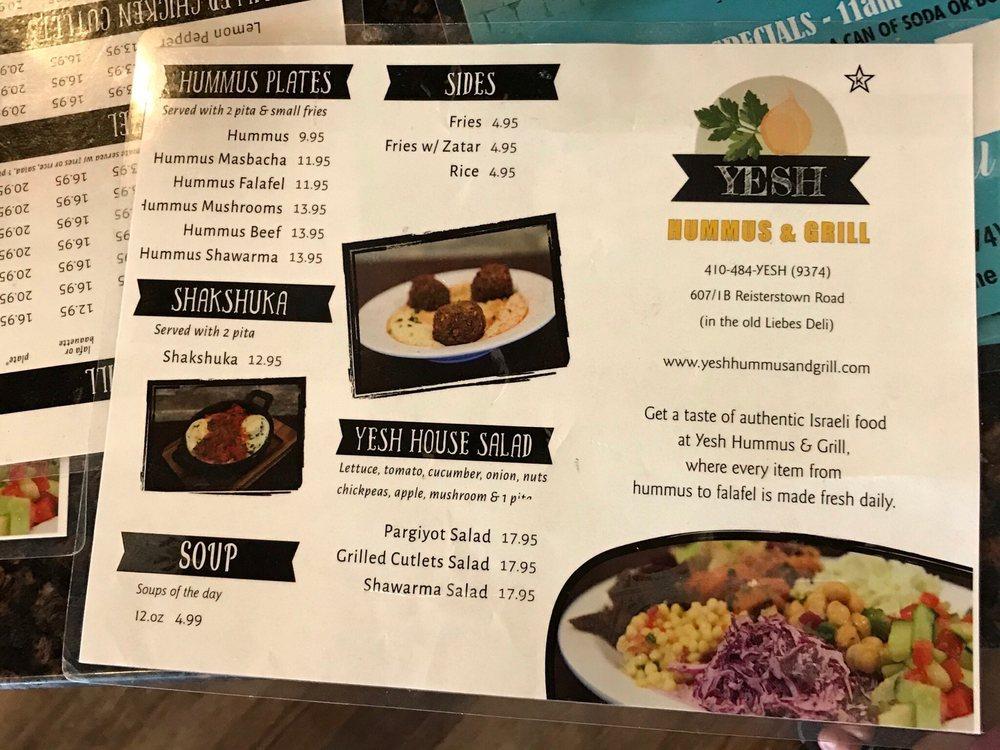 Menu at Yesh Hummus and Grill restaurant, Pikesville
