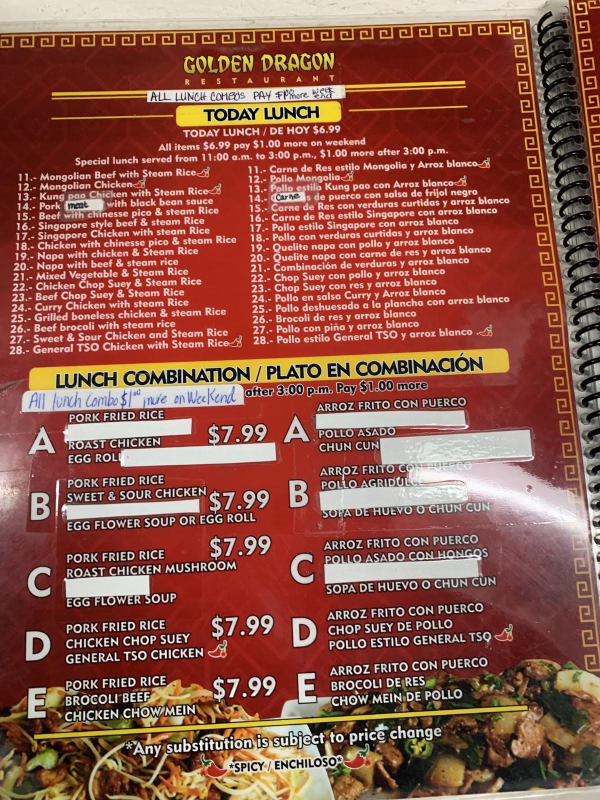 Menu at Golden Dragon Chinese Restaurant, Calexico