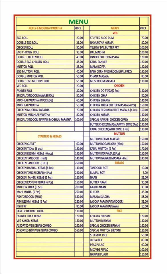 Tandoor Nawabi menu