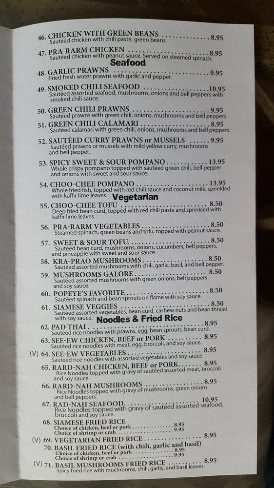Menu at Siam Palace Thai Cuisine restaurant, Hayward