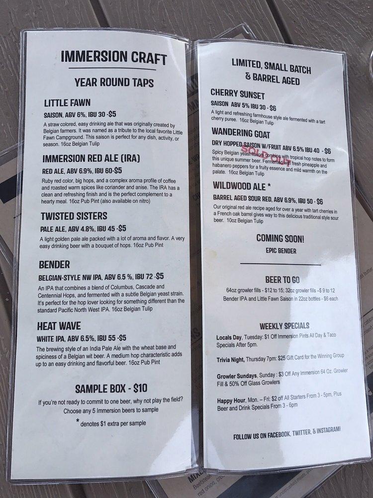 Menu at Immersion Brewing pub & bar, Bend
