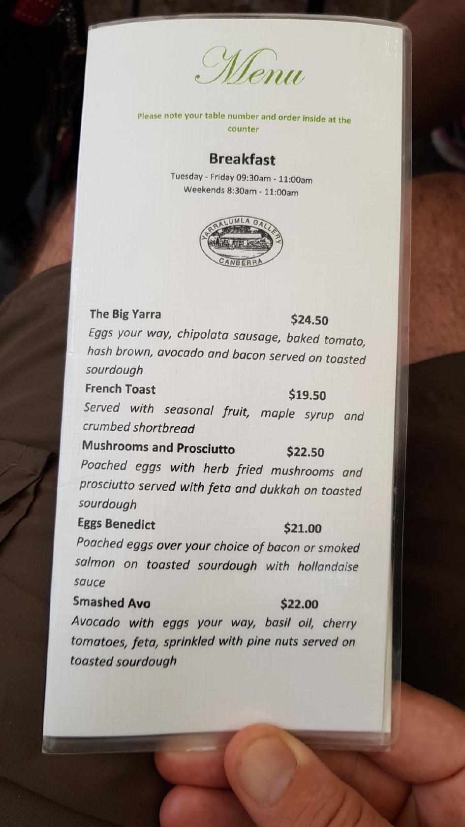 Menu at Yarralumla Gallery and Oaks Brasserie restaurant, Yarralumla