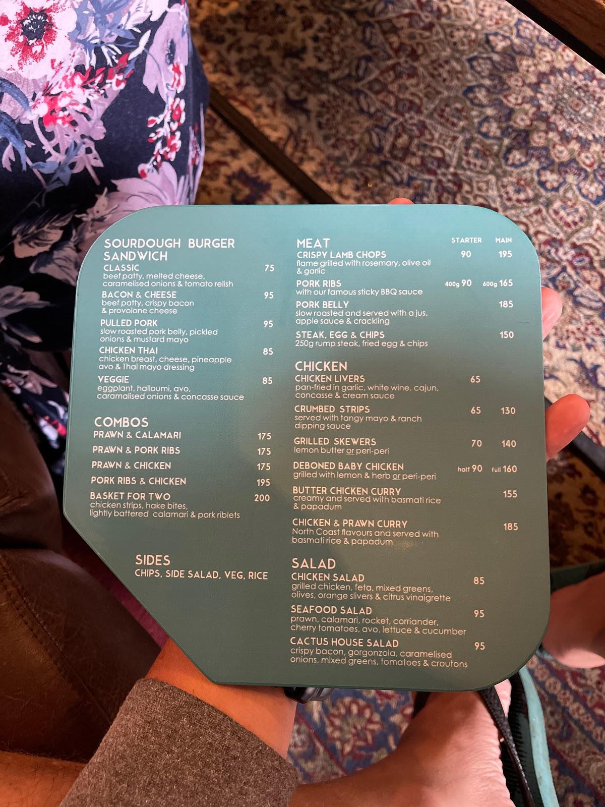 Menu at Cactus restaurant, Dolphin Coast