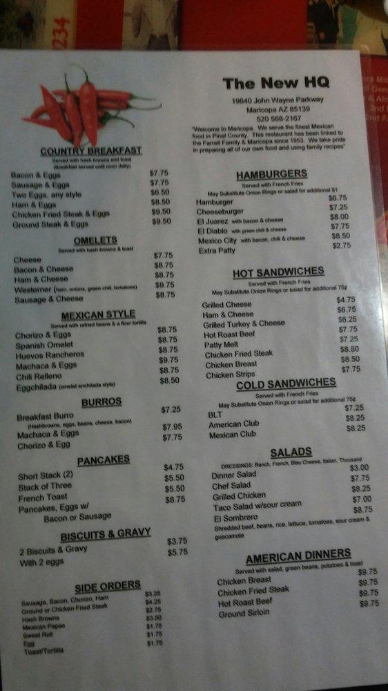 Menu at Headquarters Cafe, Maricopa, N Maricopa Rd