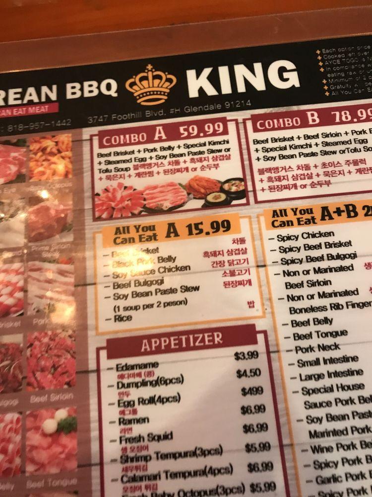 Menu at Korean BBQ King, Glendale