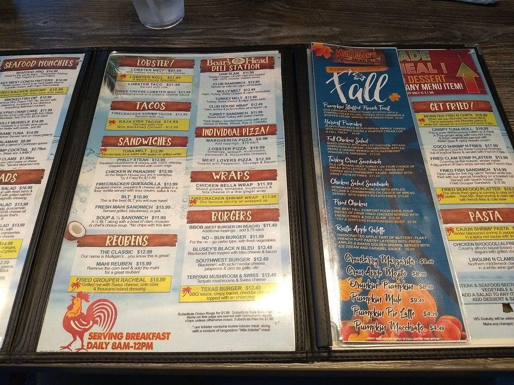 Menu at Mulligan's Beach House pub & bar, Riviera Beach