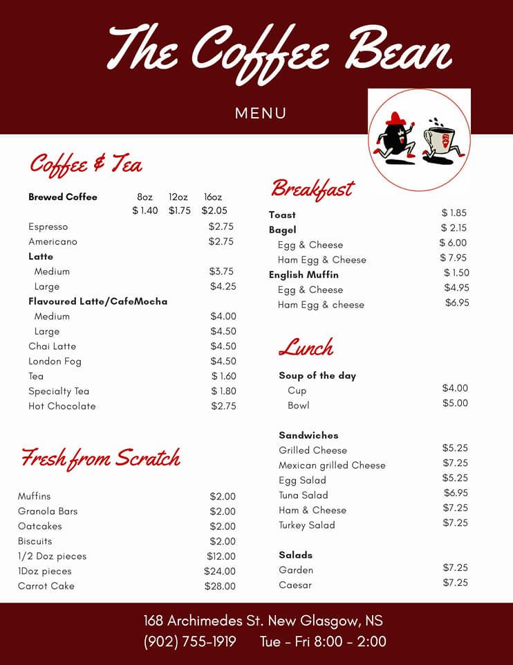 Menu at The Coffee Bean cafe, New Glasgow