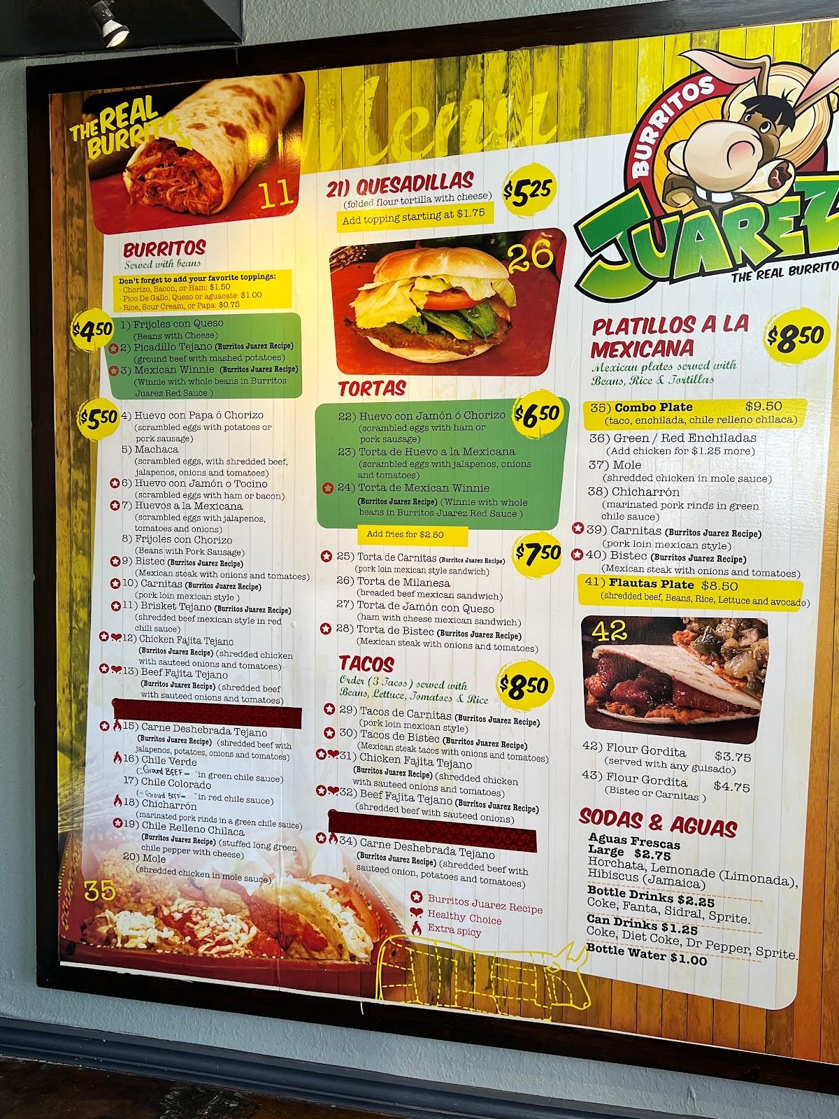 Menu at Burritos Juarez restaurant, El Paso, Dyer St