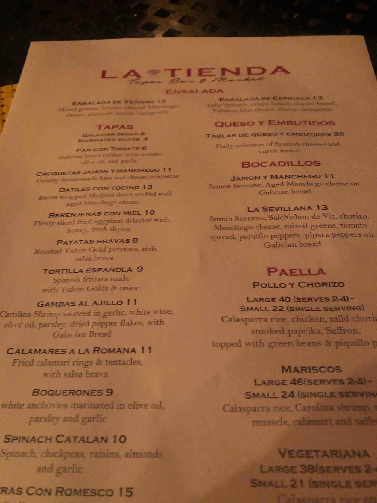 Menu at La Tienda Tapas Bar, Williamsburg