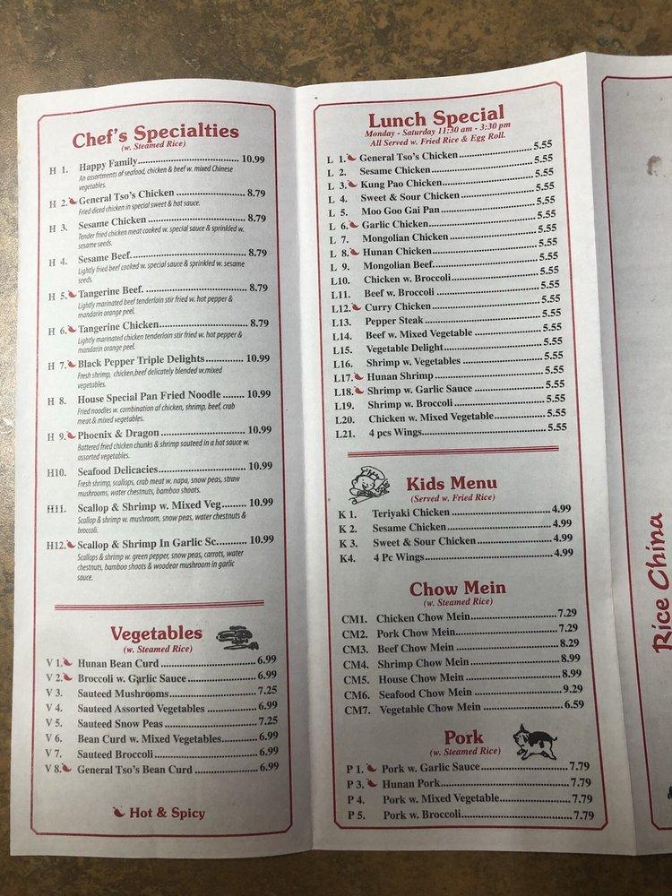 Menu at Rice China restaurant, Pine Lake