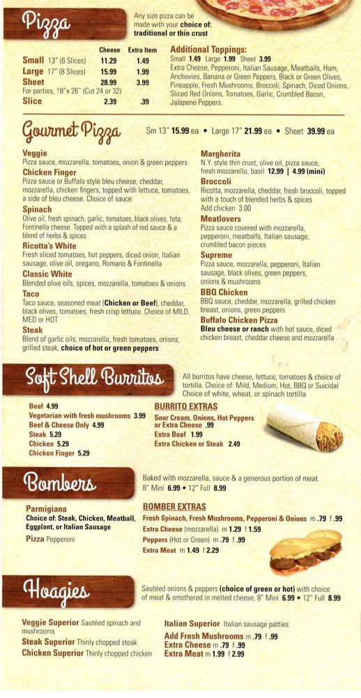 Menu at Ricotta's Pizza Pasta Subs pizzeria, Orchard Park, Ellicott Rd