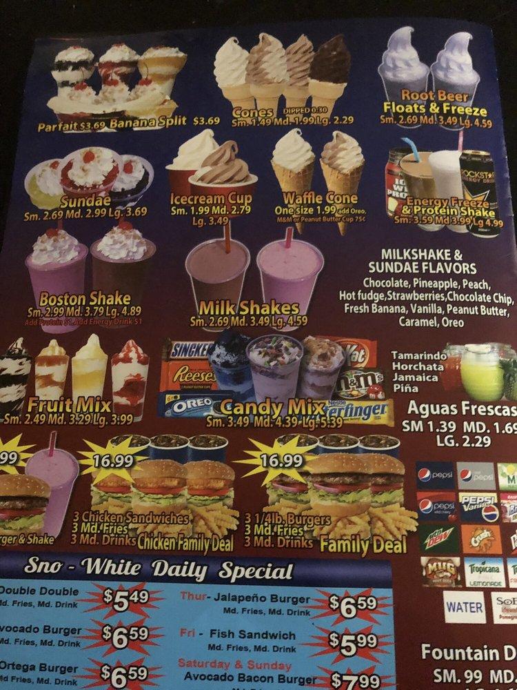 Menu at Sno-White Drive In restaurant, Tulare