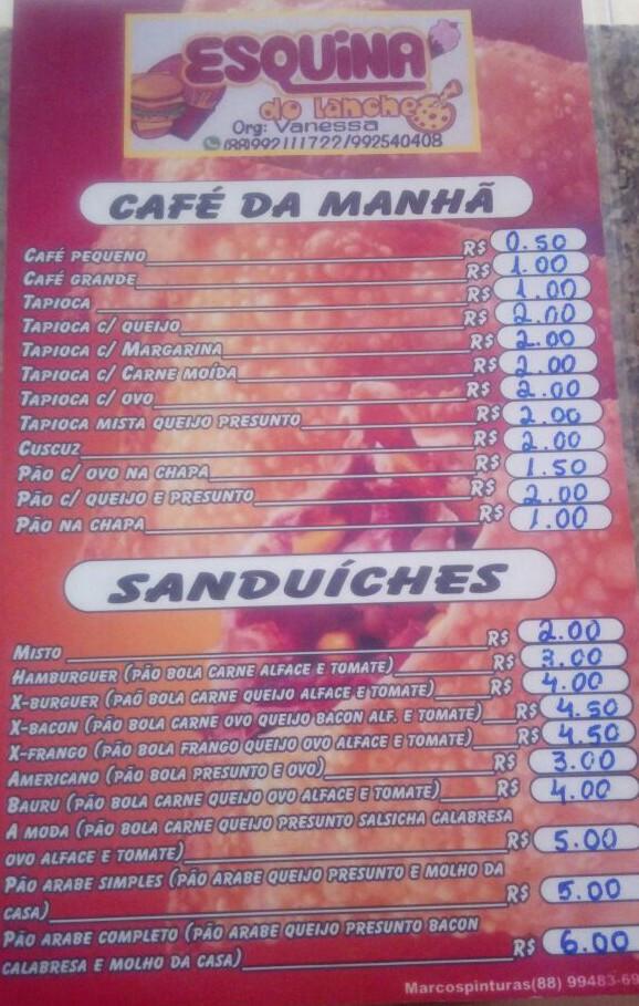 Esquina do Lanche cardápio