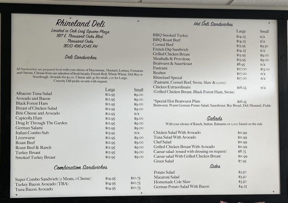 Menu at Rhineland Deli, Thousand Oaks, 1817 E Thousand Oaks Blvd