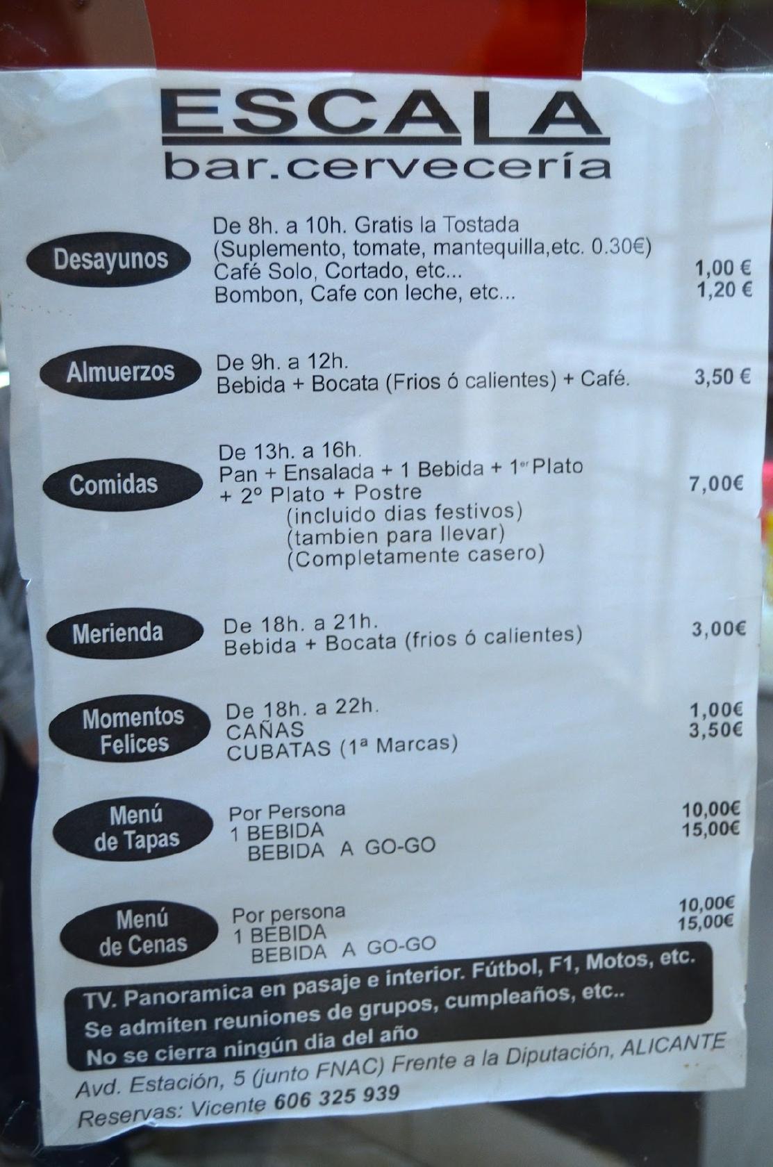 Menu at Restaurante Escala, Alicante