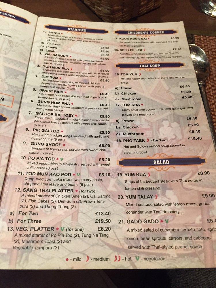 Menu at Sang Thai restaurant, Dorking