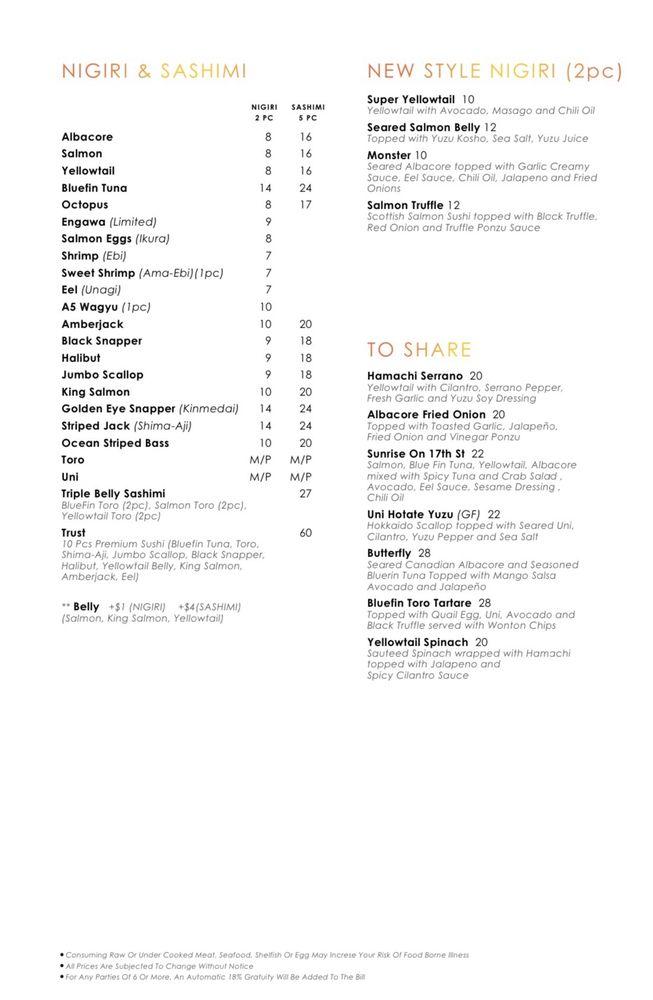 Menu at Yuzu Japanese Sushi Bar, Costa Mesa