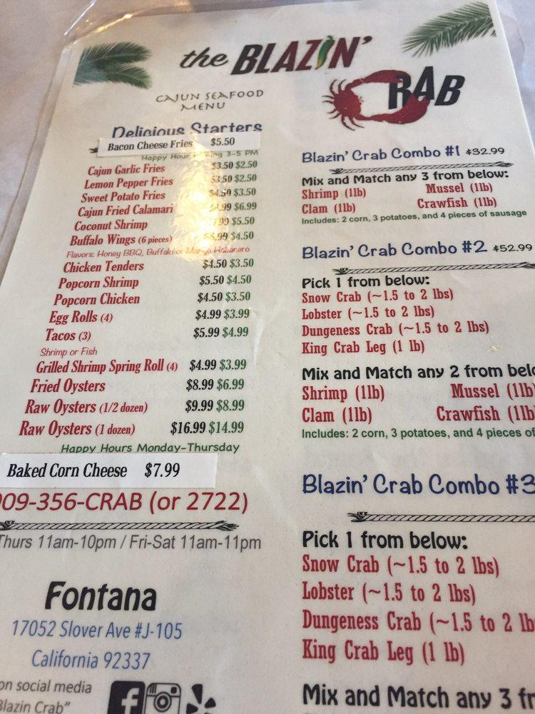 Menu at Blazin' Crab Fontana pub & bar, Fontana