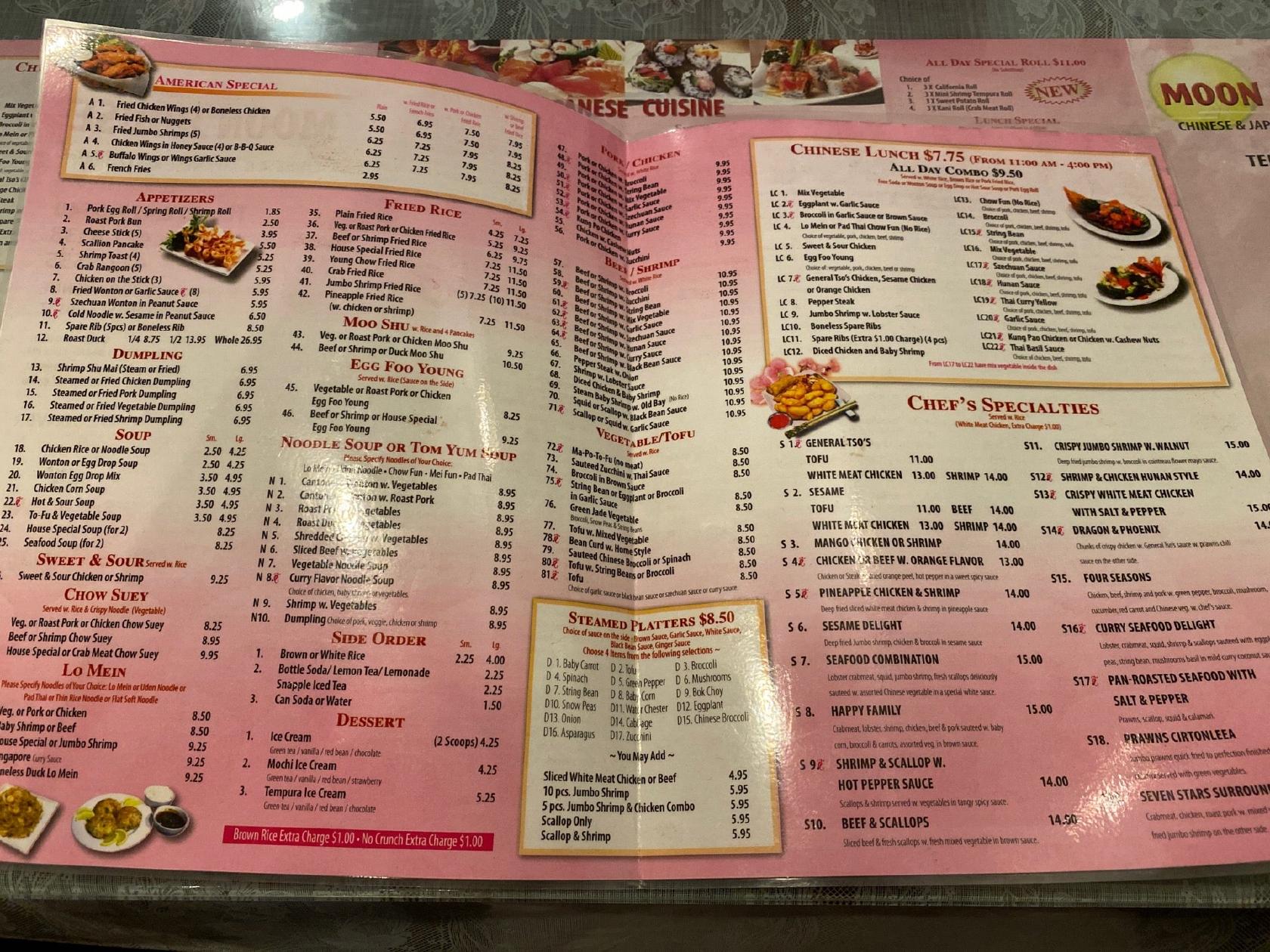 Menu at Moon House restaurant, New York City, 3rd Ave