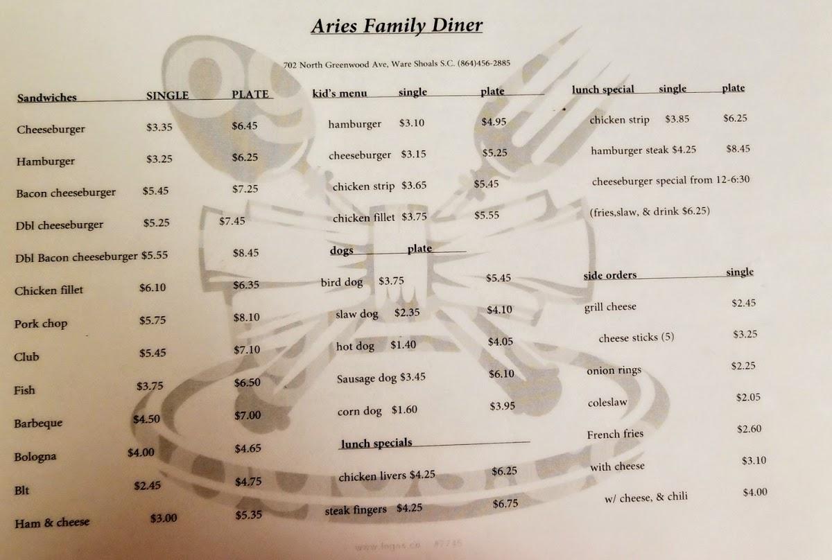 Menu at Aries Family Diner restaurant, Ware Shoals