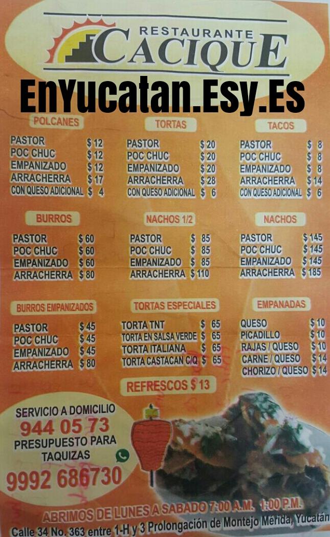 Carta del restaurante Cacique, Merida, Prolongación Paseo del Montejo 34