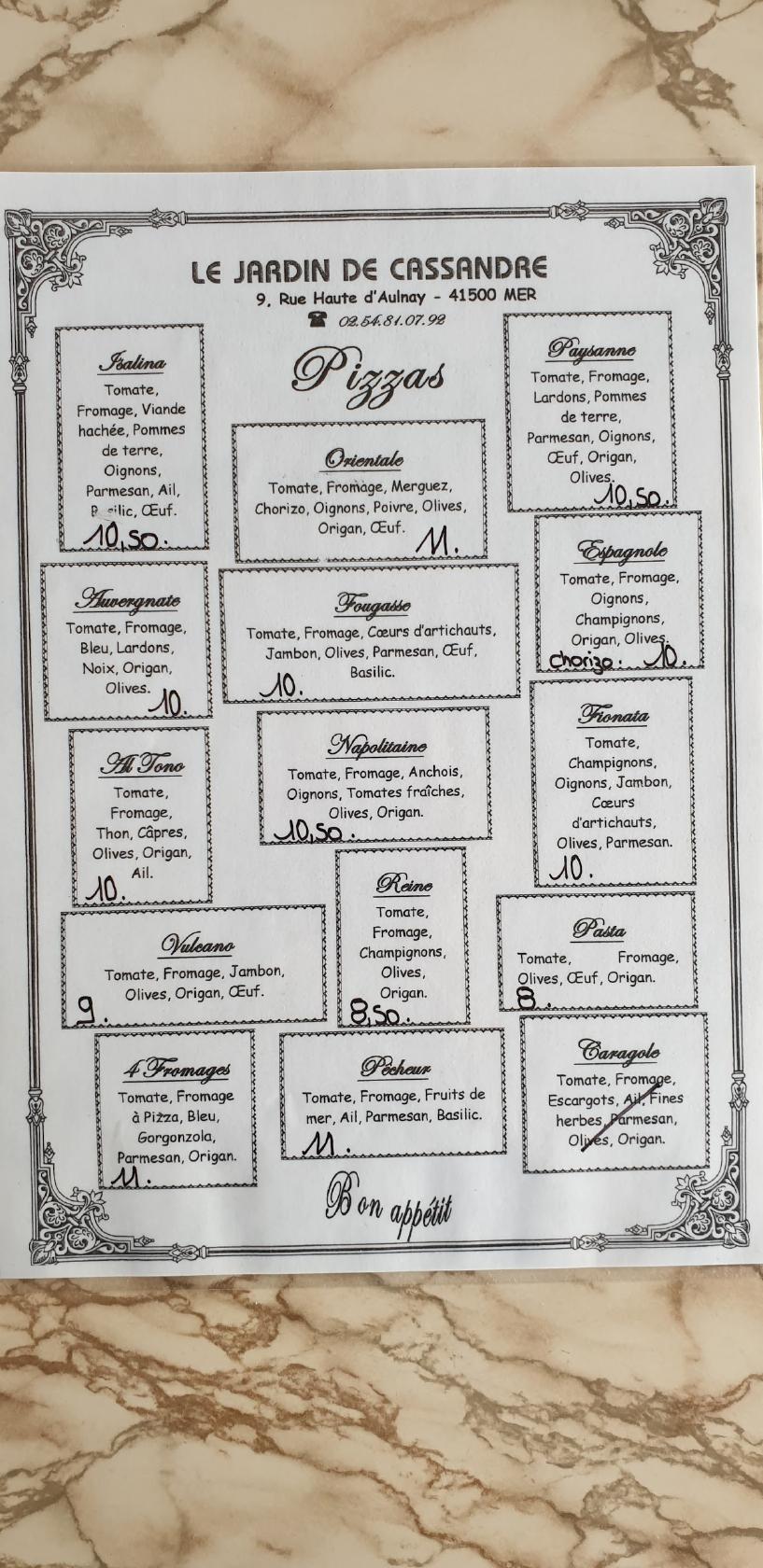 Menu au Le Jardin de Cassandre restaurant, Mer