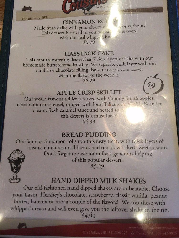Menu at Cousins' Restaurant & Saloon, The Dalles
