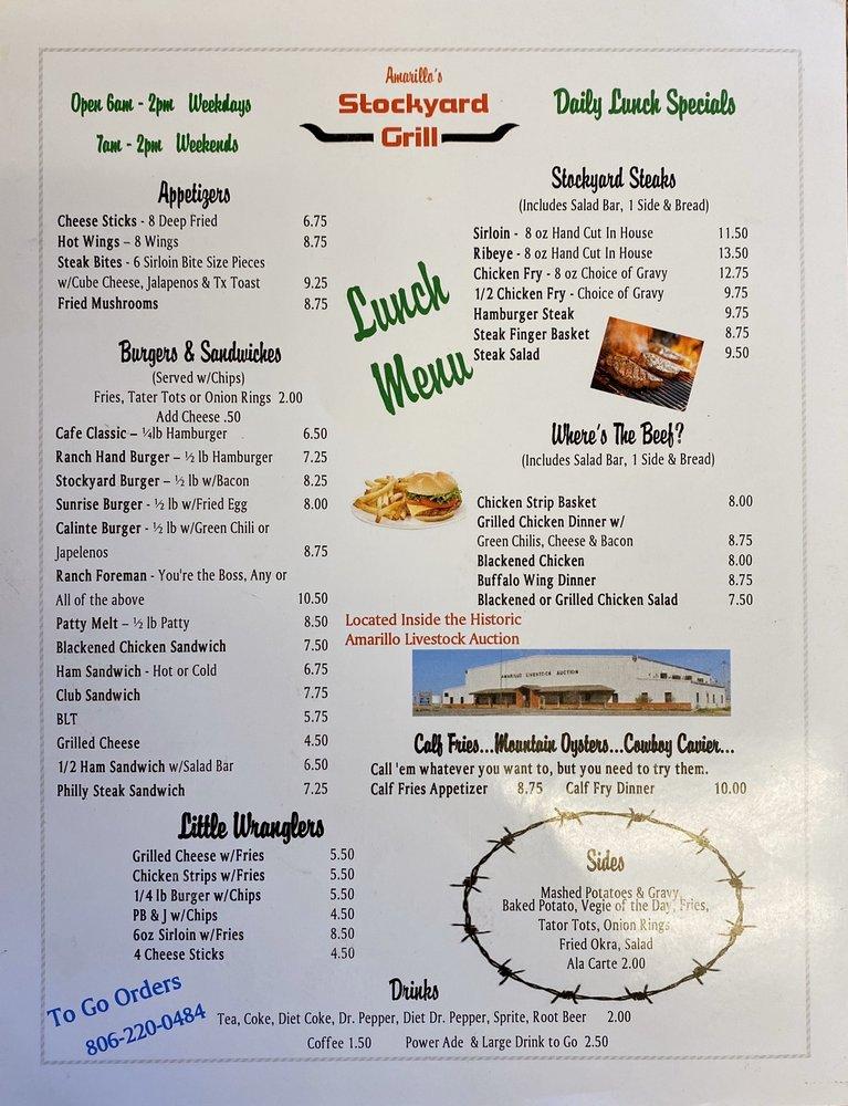 Carta de Stockyard Cafe, Amarillo