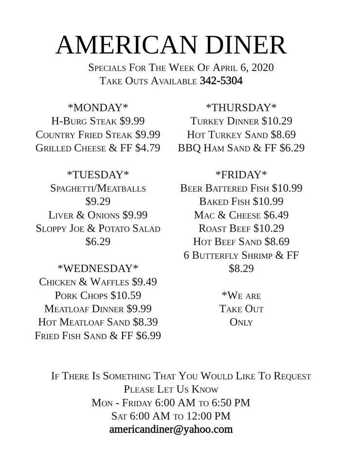 Menu at American Diner restaurant, Philipsburg, 1841 Philipsburg Bigler Hwy
