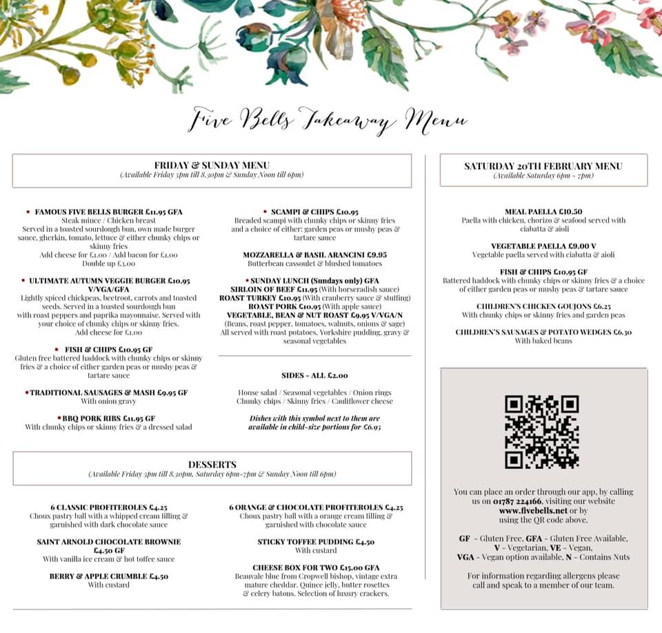 Menu at Five Bells Public House, Colne Engaine, Earls Colne