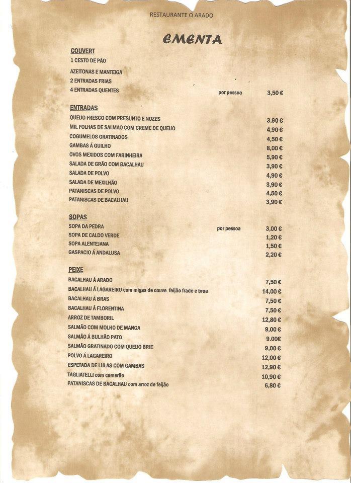 Menu at O Arado restaurant, Lisbon