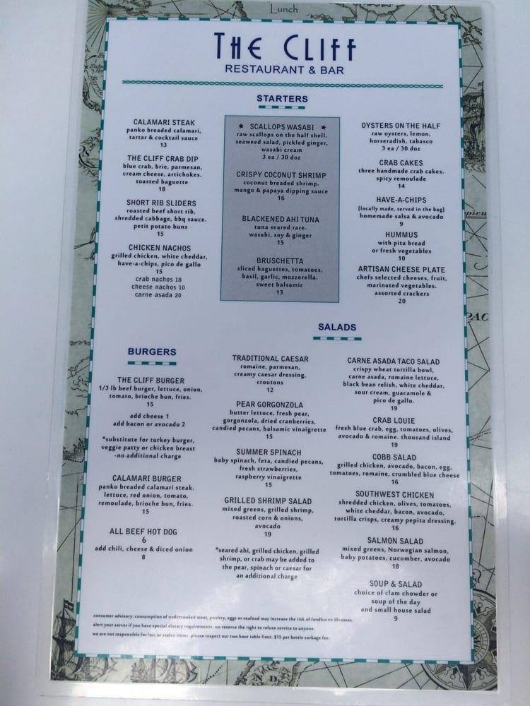 Menu at The Cliff Restaurant, Laguna Beach
