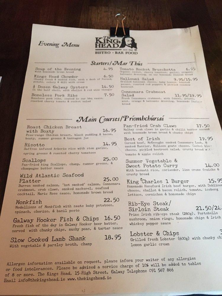 Menu at The Kings Head Bistro pub & bar, Galway