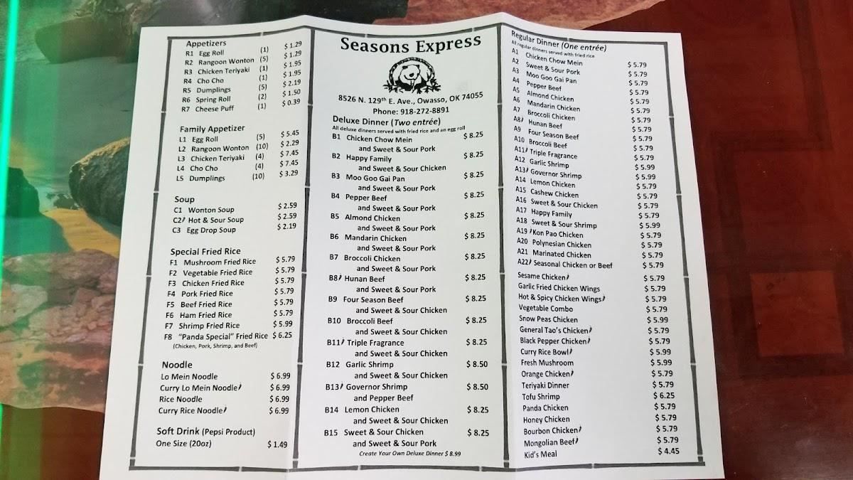Menu at Season's Express restaurant, Owasso, N 129th E Ave