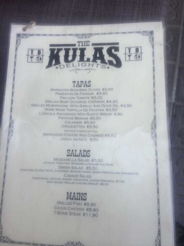 Menu at Kulas pub & bar, Barcelona, Passeig de Colom