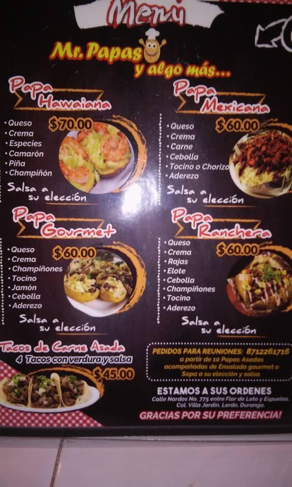 Carta del restaurante Mr. Papas, Ciudad Lerdo