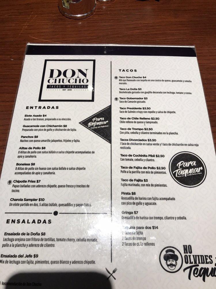 Menu at Don Chucho Tacos y Tequilas restaurant, Brownsville