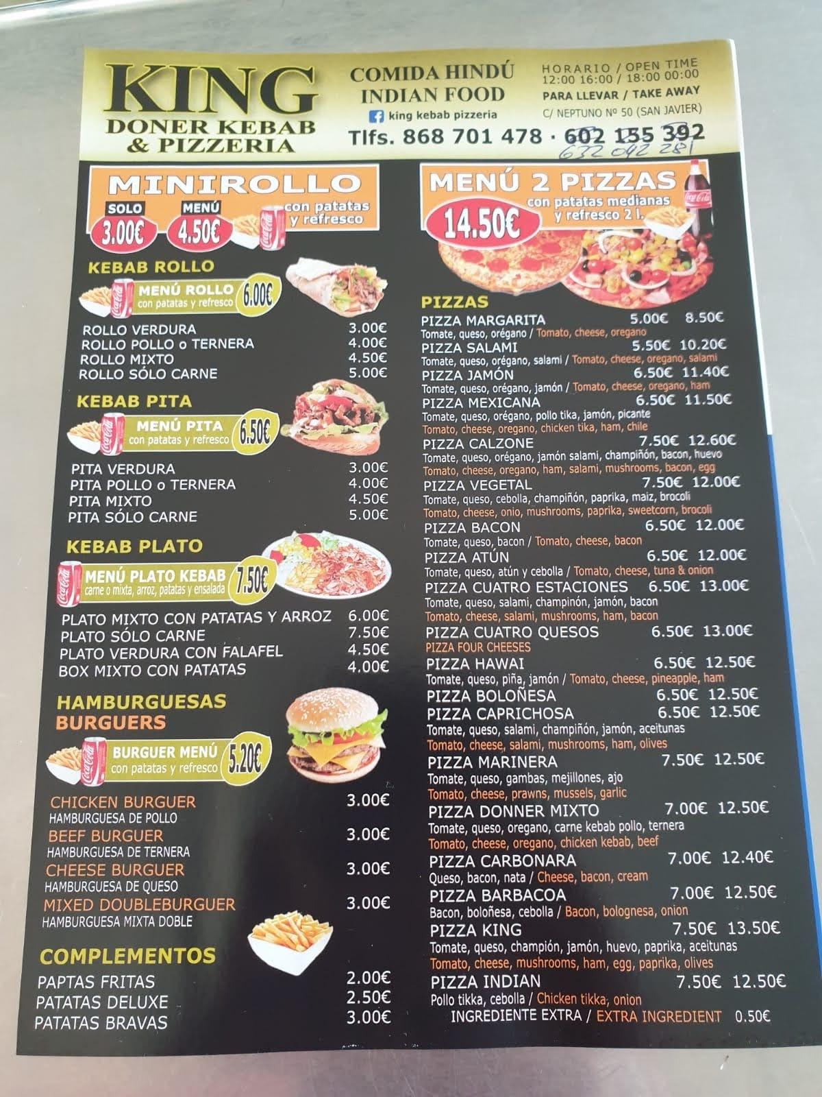 Carta De King Doner Kebab Y Pizzeria San Javier