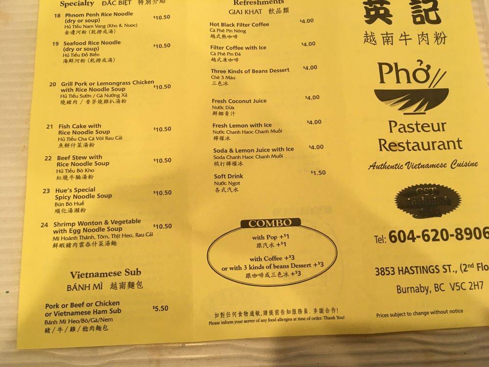 Menu at Phở Pasteur Restaurant, Burnaby