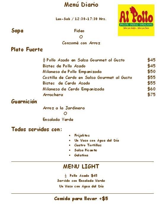 Menu at Al Pollo Veracruz restaurant, Veracruz