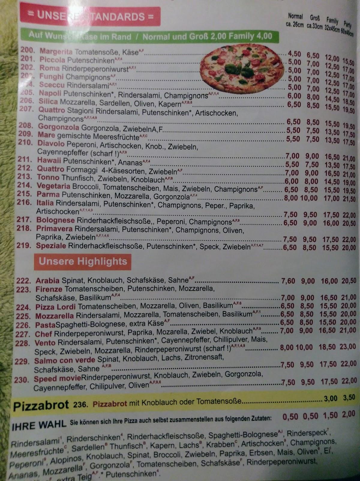 Speisekarte von Pizzeria Italia, Weinheim